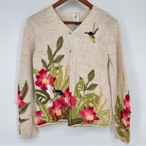 Hummingbird and Flower Button Down Cardigan Sweater Button Front Floral Small